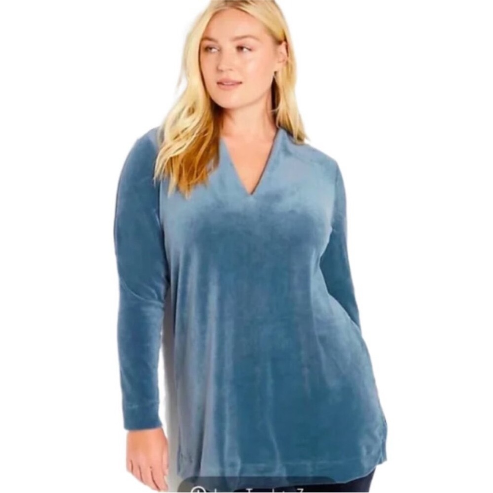 J Jill Pure velour Velvet Top Tunic Long Sleeve Soft blue v-neck mock neck